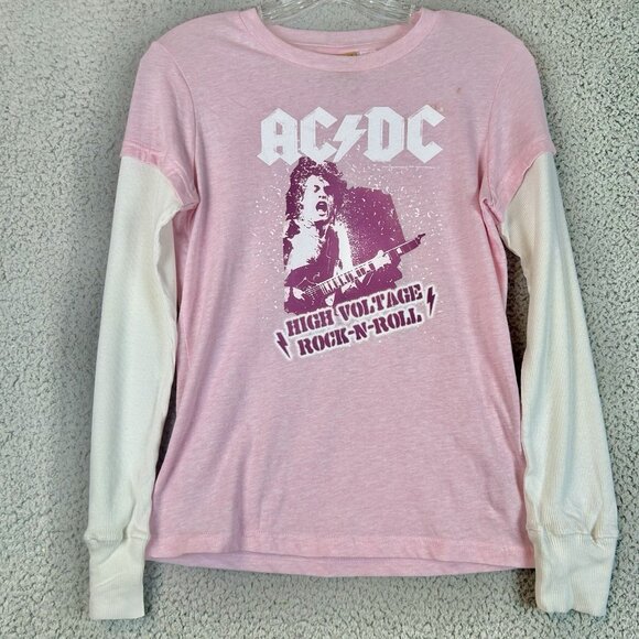 AC/DC Vintage Pink Long Sleeve 2003 ROCKWARE Small Womens Rock T Shirt Ribbed - Picture 1 of 6